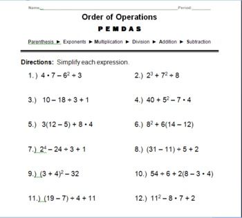 Printables Order Of Operations Worksheets 7th Grade this is a worksheet that can be used as supplemental practice homework assessment etc students will use order of operations to sim