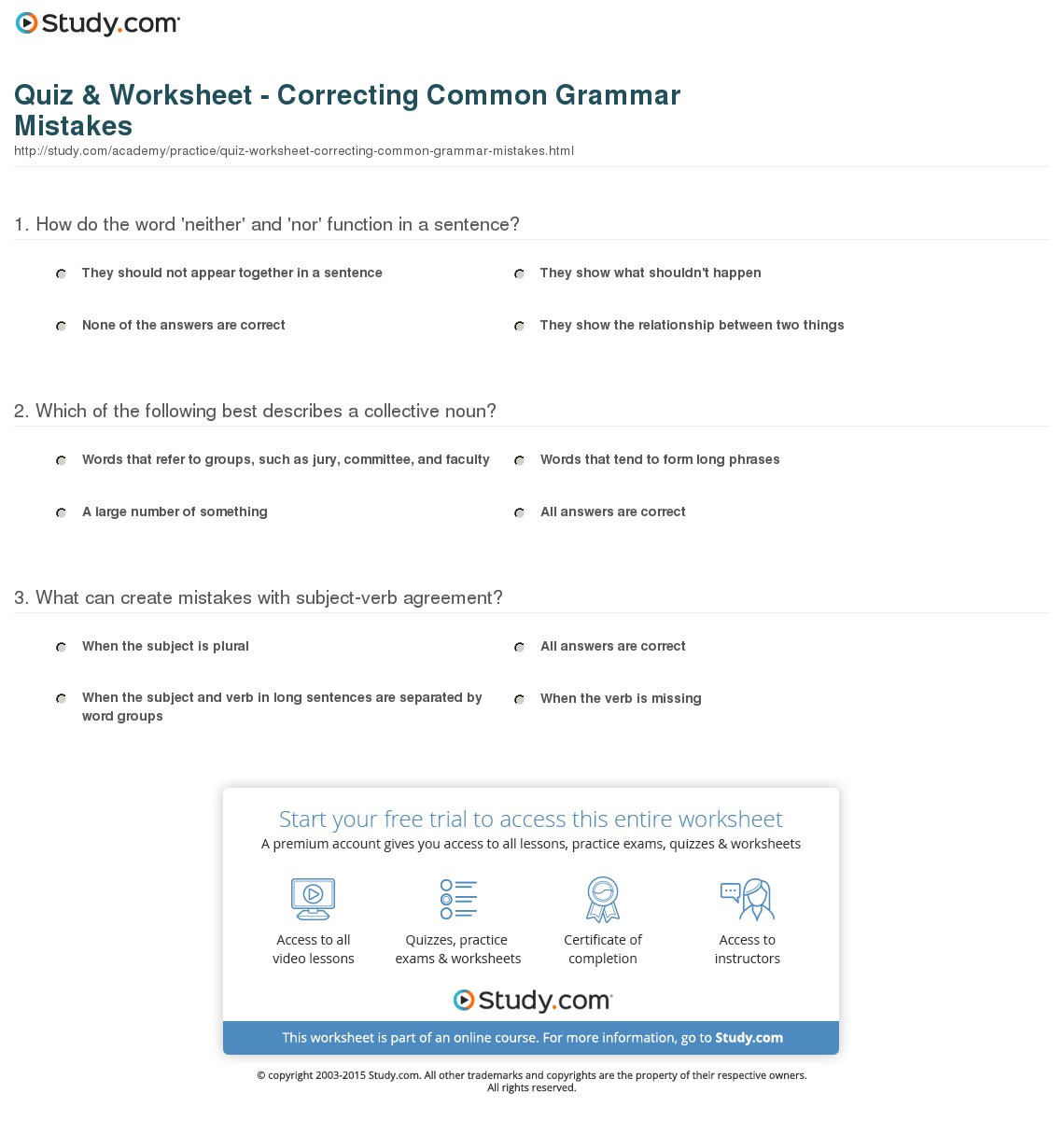 Printables Correcting Grammar Worksheets quiz worksheet correcting common grammar mistakes study com print examples correction worksheet