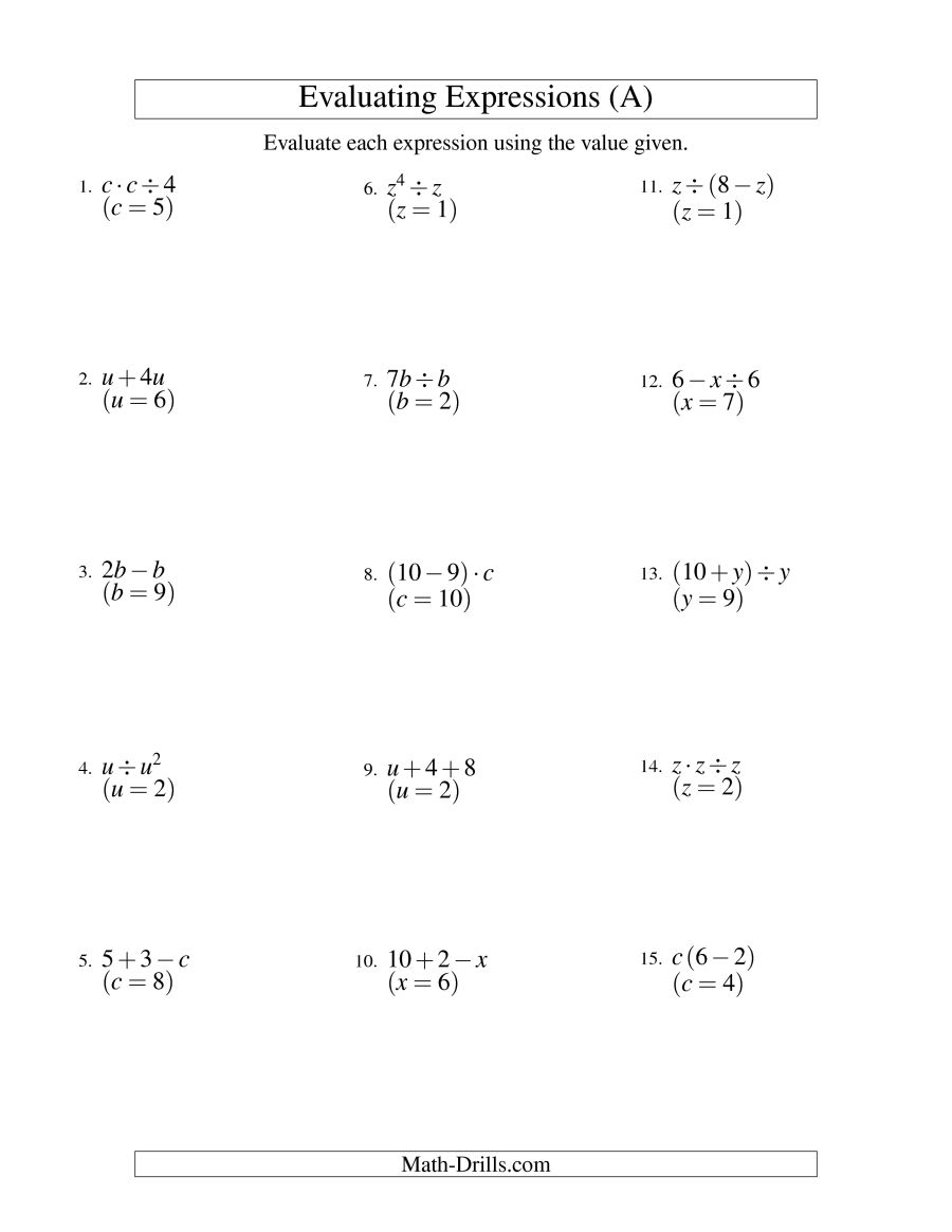 Printables 2 Step Algebra Equations Worksheets evaluating two step algebraic expressions with one variable a arithmetic
