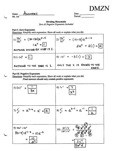 Printables Negative And Zero Exponents Worksheet negative and zero exponents worksheet davezan dividing monomials amp dmzn