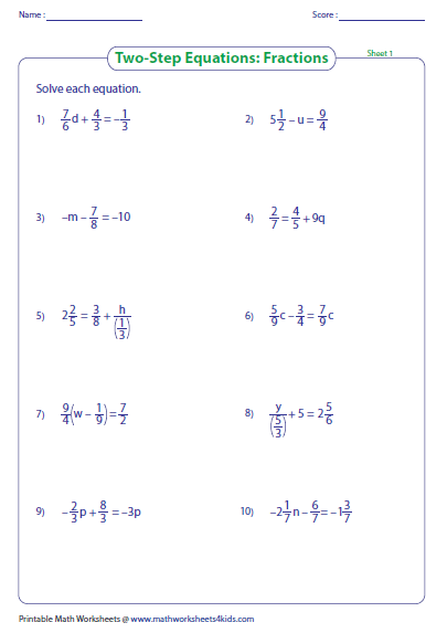 Printables 2 Step Algebra Equations Worksheets two step equation worksheets equations fractions preview