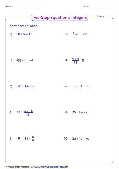 Printables 2 Step Algebra Equations Worksheets two step equation worksheets equations integers preview
