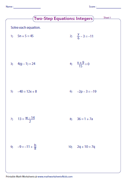 Printables 2 Step Algebra Equations Worksheets Tempojs Thousands Of 