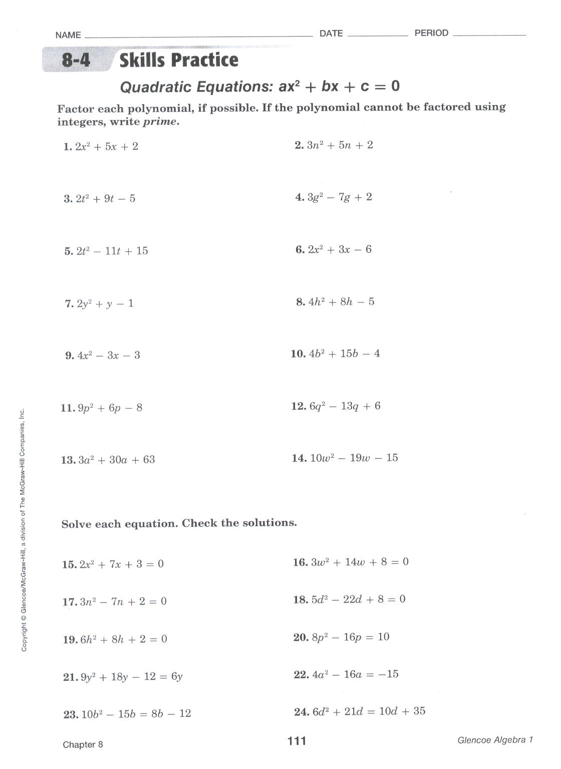 21 21 study guide and intervention factoring trinomials Intended For Algebra 1 Factoring Worksheet