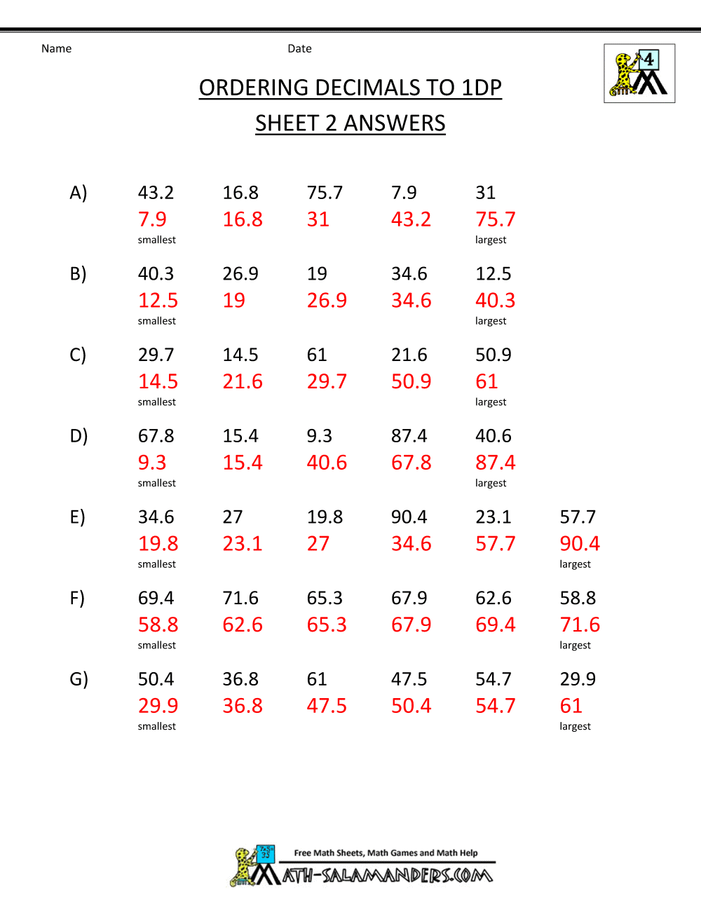 Printables 4th Grade Math Decimals Worksheets math worksheets 4th grade ordering decimals to 2dp 1dp 2 sheet 2