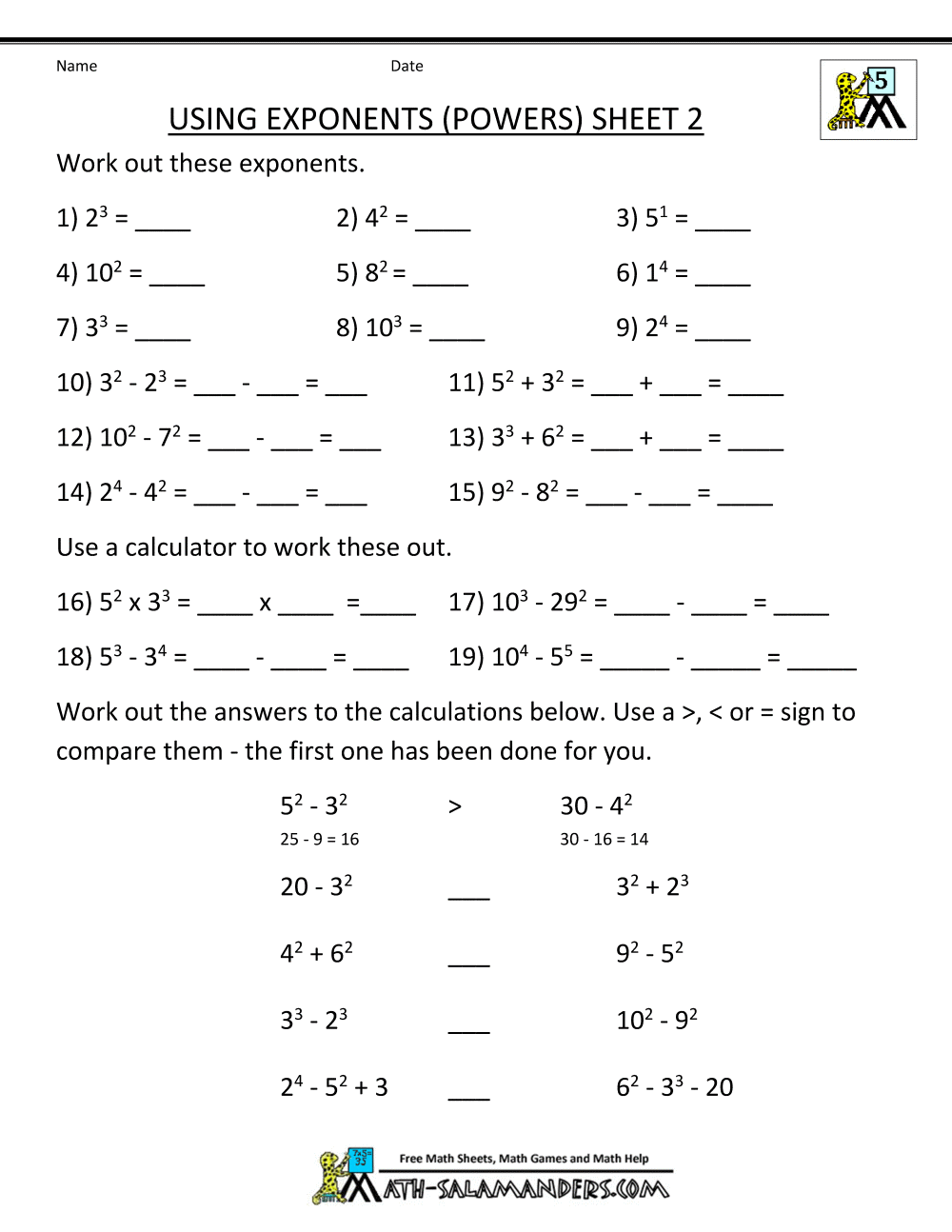 Printables Multiplying And Dividing Exponents Worksheet math worksheets 5th grade complex calculations using exponents 2