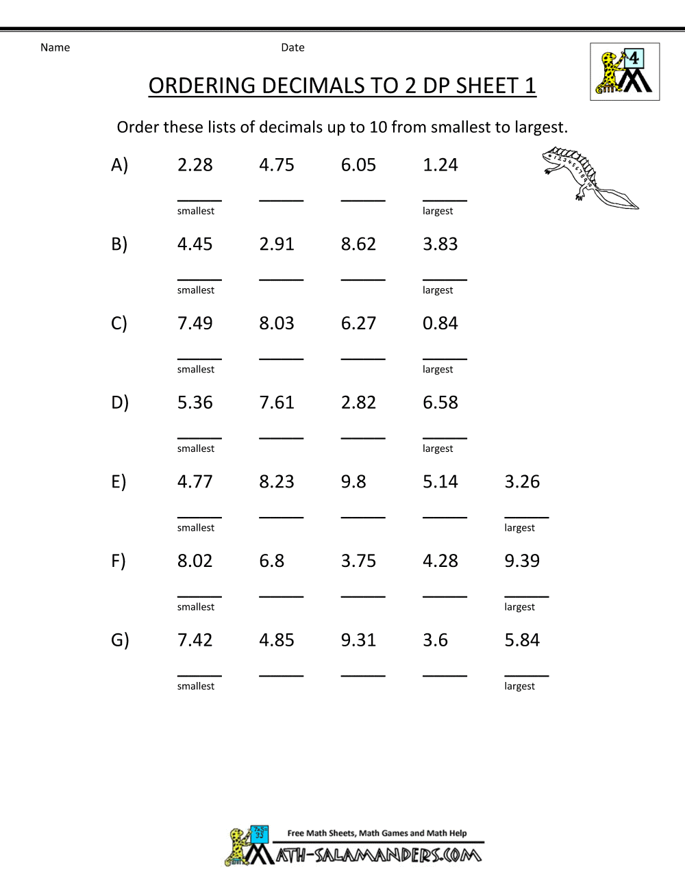 Printables 4th Grade Math Decimals Worksheets math worksheets 4th grade ordering decimals to 2dp free 1