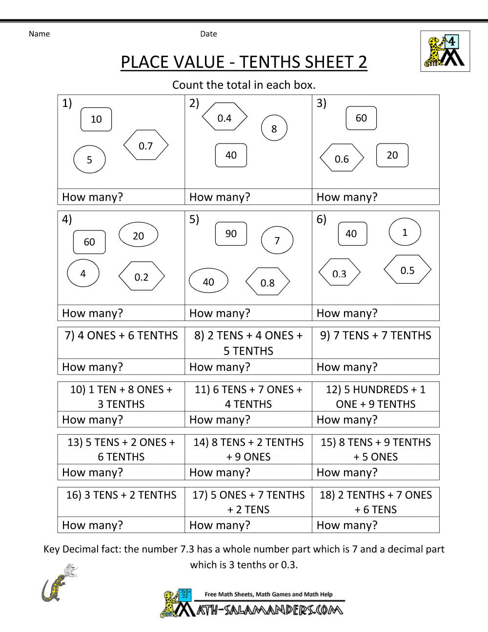 Printables 4th Grade Math Decimals Worksheets decimal place value worksheets 4th grade free math tenths 2