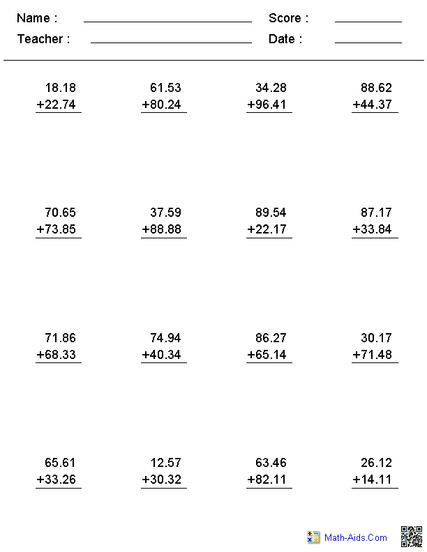 Decimals 4th Grade Math Worksheet