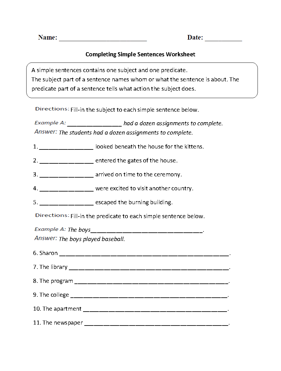 Printables Simple Sentence Worksheet second grade sentences worksheets ccss 2 l 1 f complete worksheets