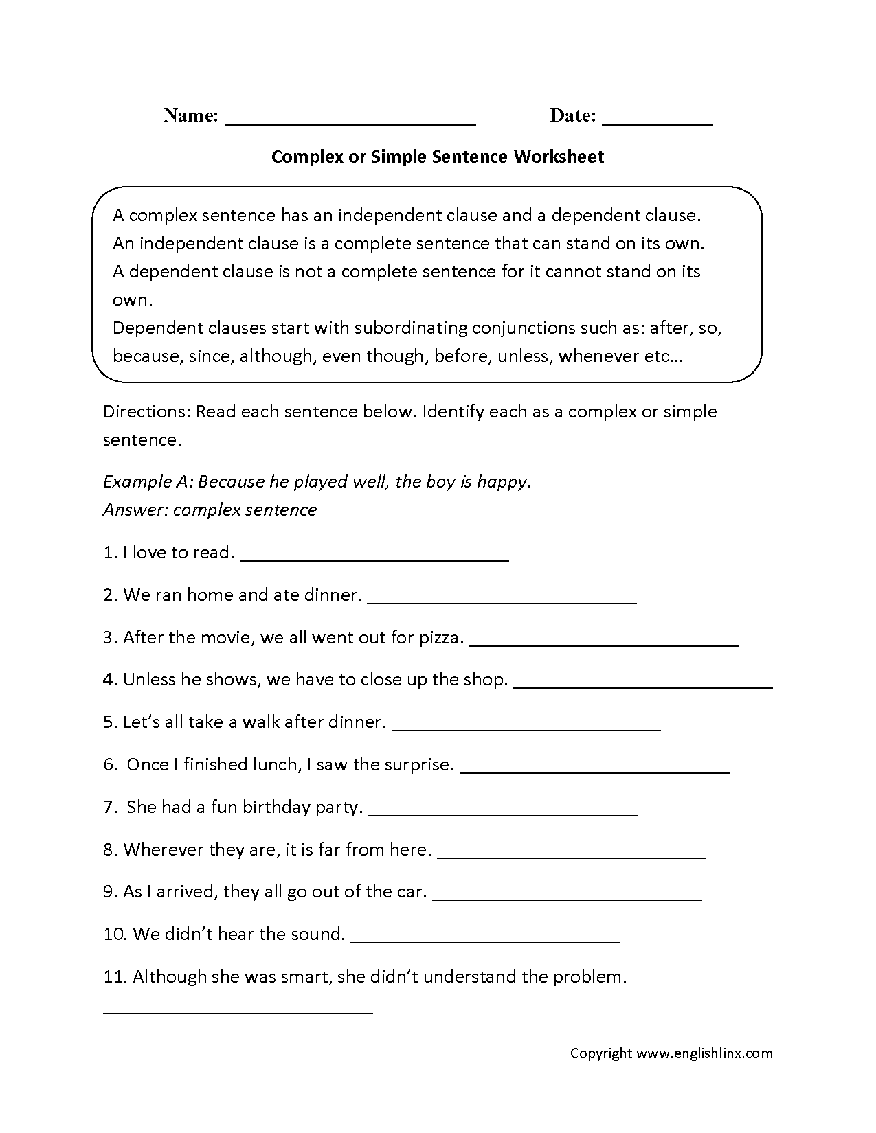 Printables Quiz On Types Of Sentences Simple Compound Complex Compound-complex homework complex sentences or simple sentence worksheet