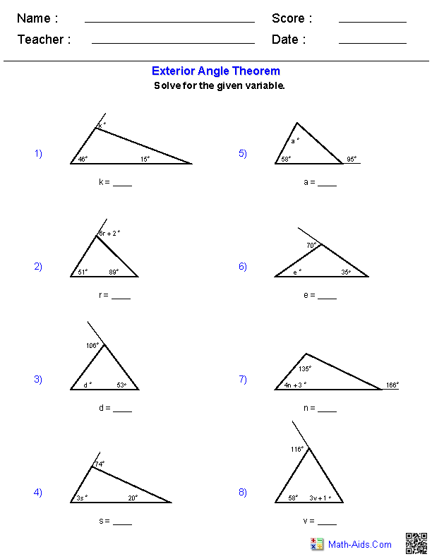 Printables Finding Missing Angles In Triangles Worksheet geometry worksheets triangle the exterior angle theorem