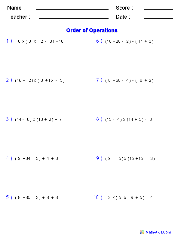 Printables Order Of Operations Worksheets 7th Grade order of operations worksheets worksheets