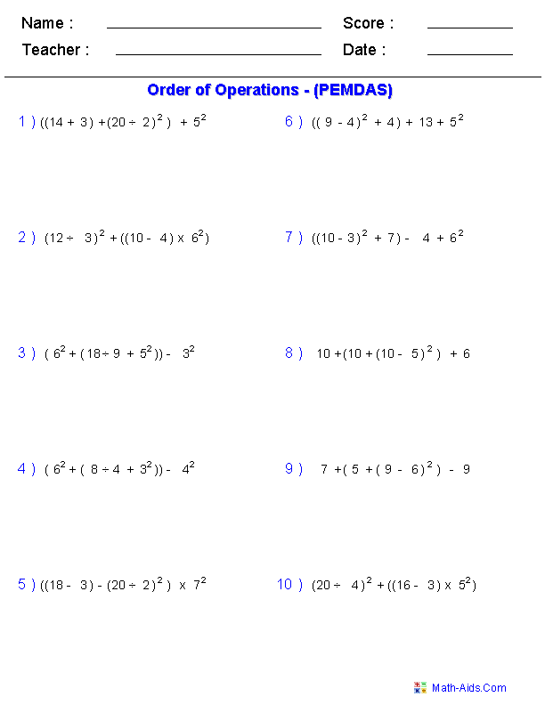 Printables Order Of Operations Worksheets 7th Grade order of operations worksheets worksheets