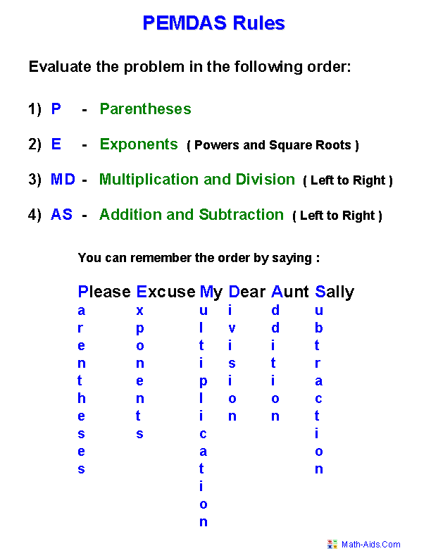 Printables Order Of Operations Worksheets 7th Grade order of operations worksheets pemdas rules handout