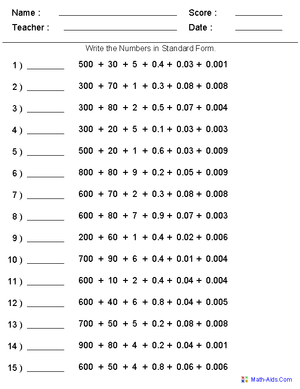 Printables 4th Grade Math Decimals Worksheets place value worksheets for practice standard form with decimals worksheets