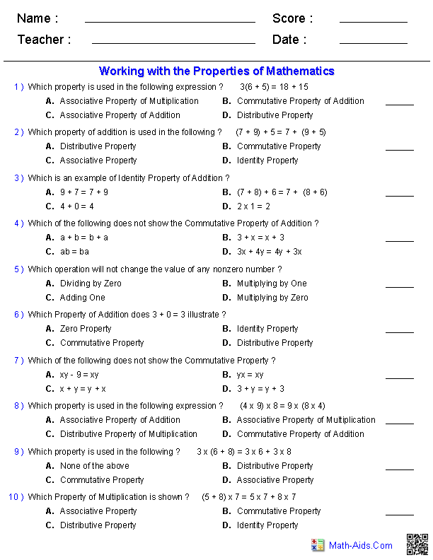 Printables Math Worksheets For 7th Graders properties worksheets of mathematics worksheets