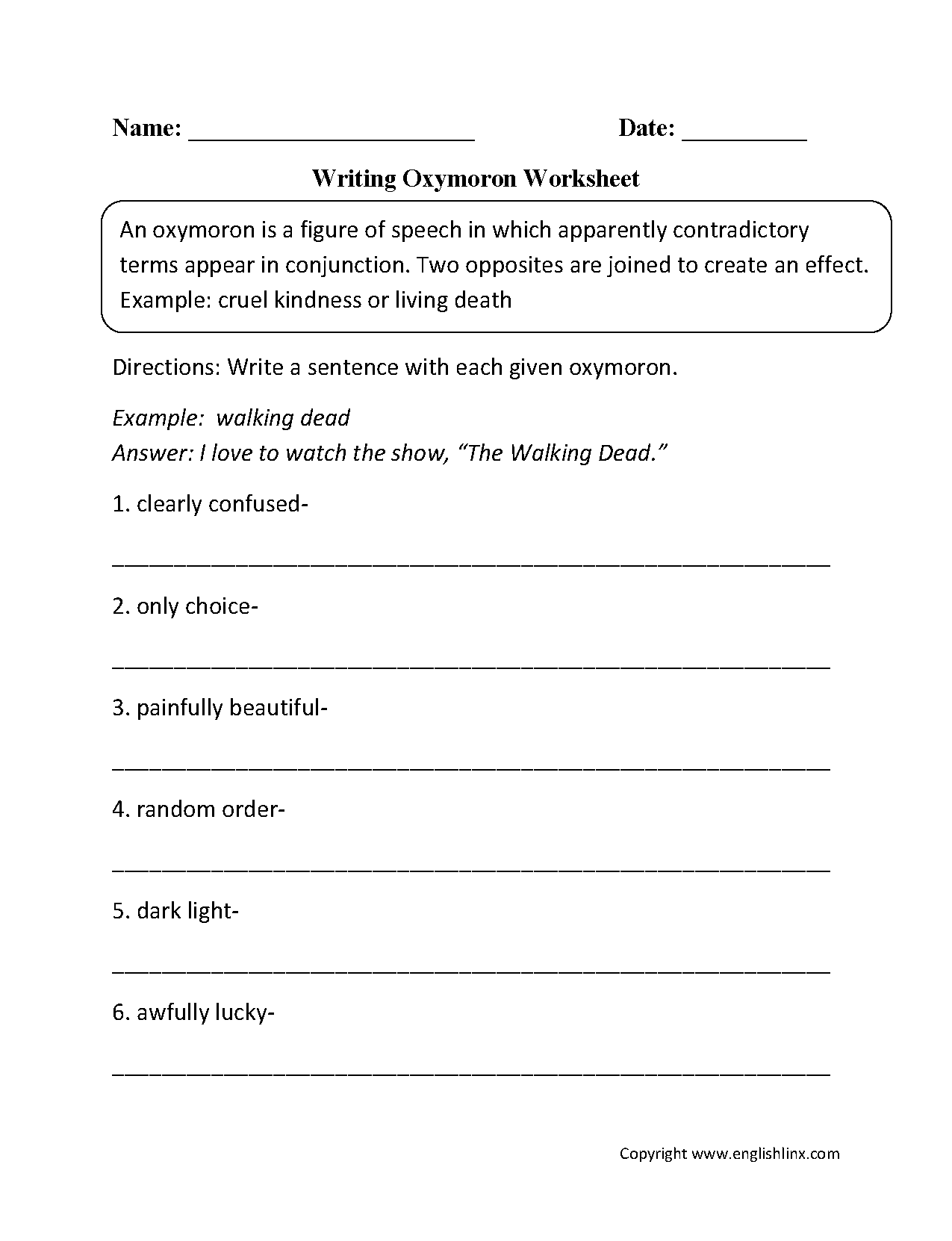 Printables Oxymoron Worksheet figurative language worksheets oxymoron writing with worksheet word sounds onomatopoeia worksheet