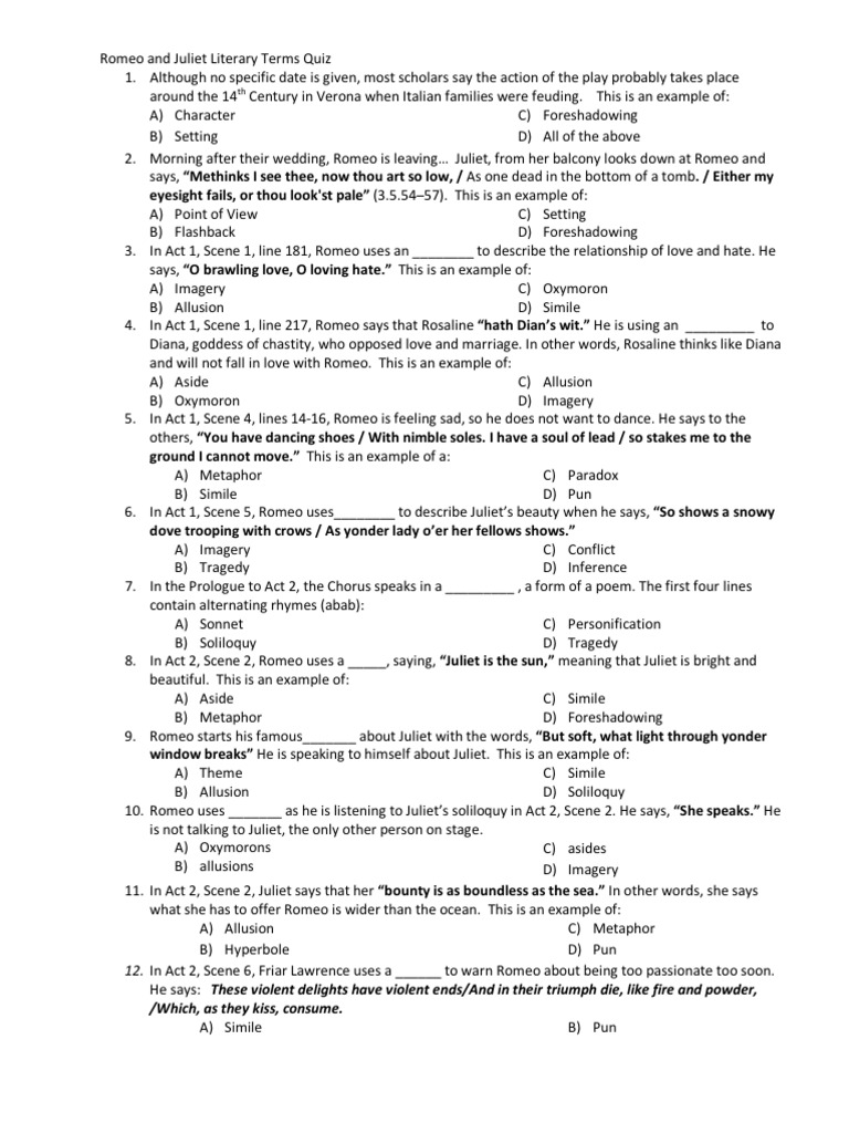 Printables Oxymoron Worksheet literary terms quiz for romeo and juliet