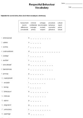 Printables Racism Worksheets respectful behaviour vocabulary word scramble quickworksheets net worksheet thumbnail