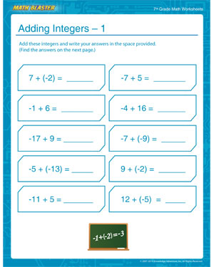 Printables Math Worksheets For 7th Graders adding integers 1 math worksheet for 7th grade blaster learn how to add with this free worksheet