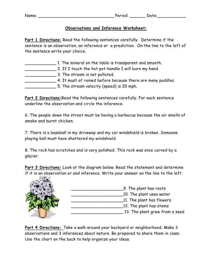 Printables Observations And Inferences Worksheet observations and inference worksheet worksheetbr part 1 directions read the following