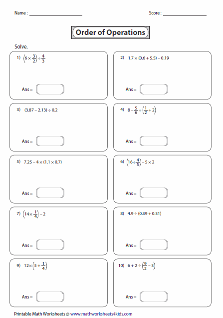 Printables Order Of Operations Worksheets 7th Grade order of operations worksheets basic pemdas fractions and decimals