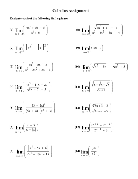 Free Printable Calculus Worksheets