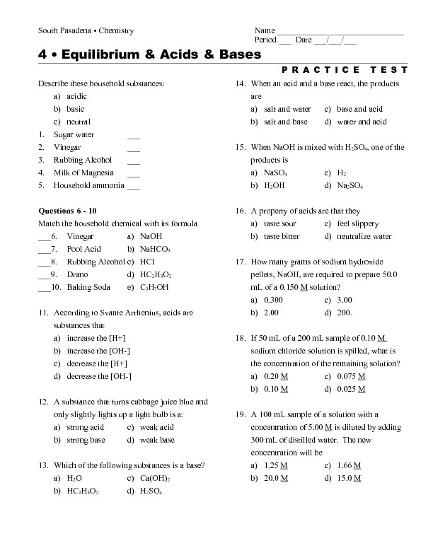 What Are Acids And Bases Worksheet Answers
