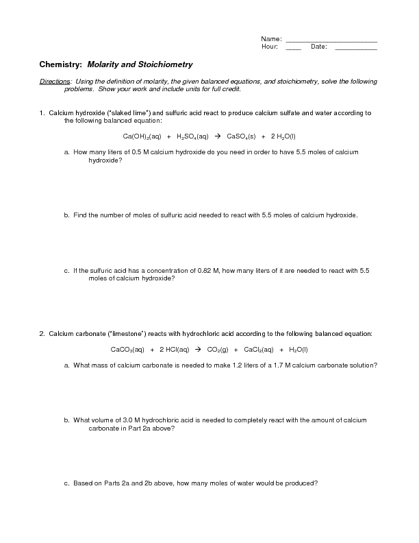 Printables Stoichiometry Worksheets stoichiometry worksheets davezan molarity and 10th higher ed worksheet lesson planet