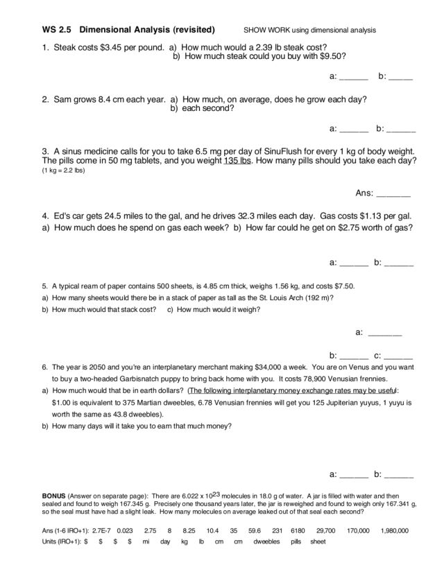 Dimensional Analysis Math Worksheet With Answers