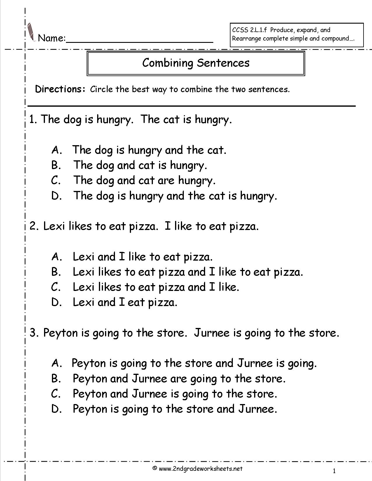 Printables Simple Sentence Worksheet second grade sentences worksheets ccss 2 l 1 f combining worksheet
