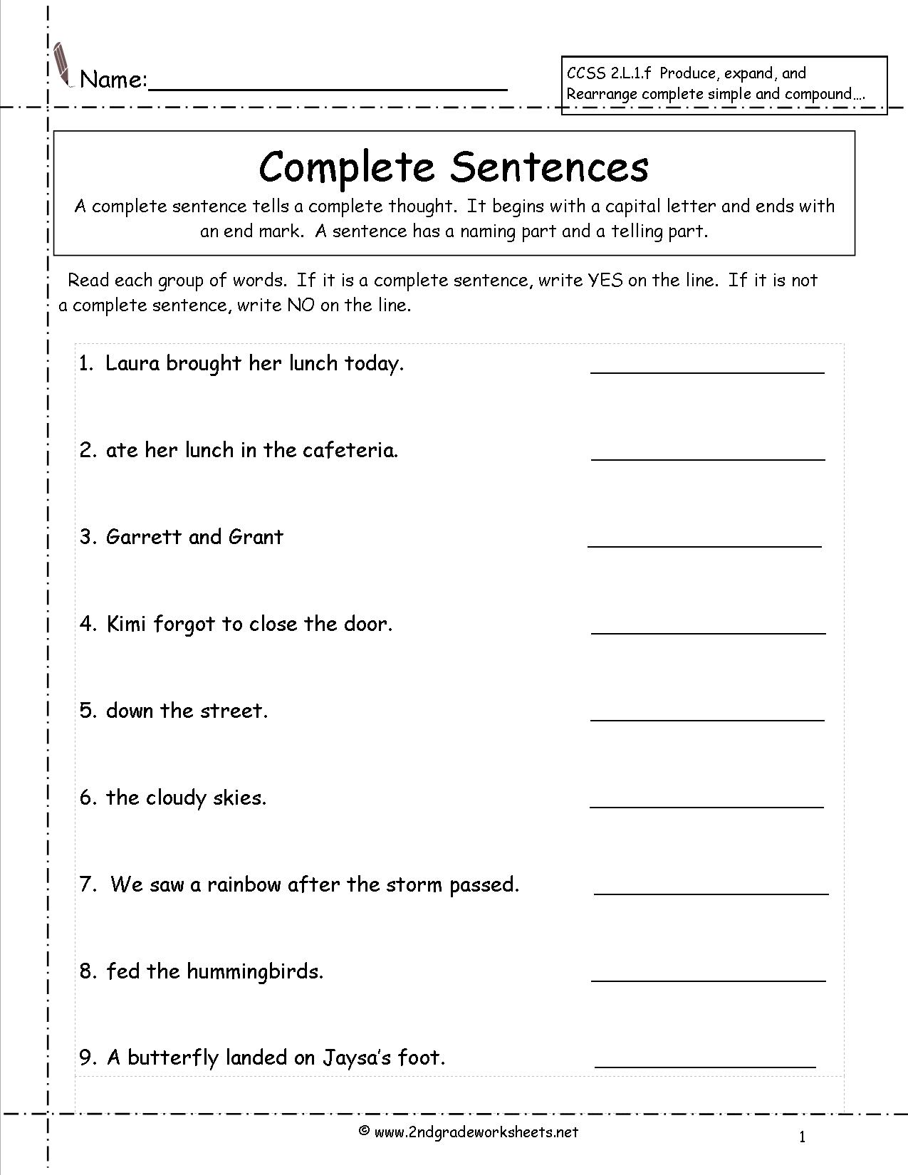 Printables Simple Sentence Worksheet second grade sentences worksheets ccss 2 l 1 f complete worksheets