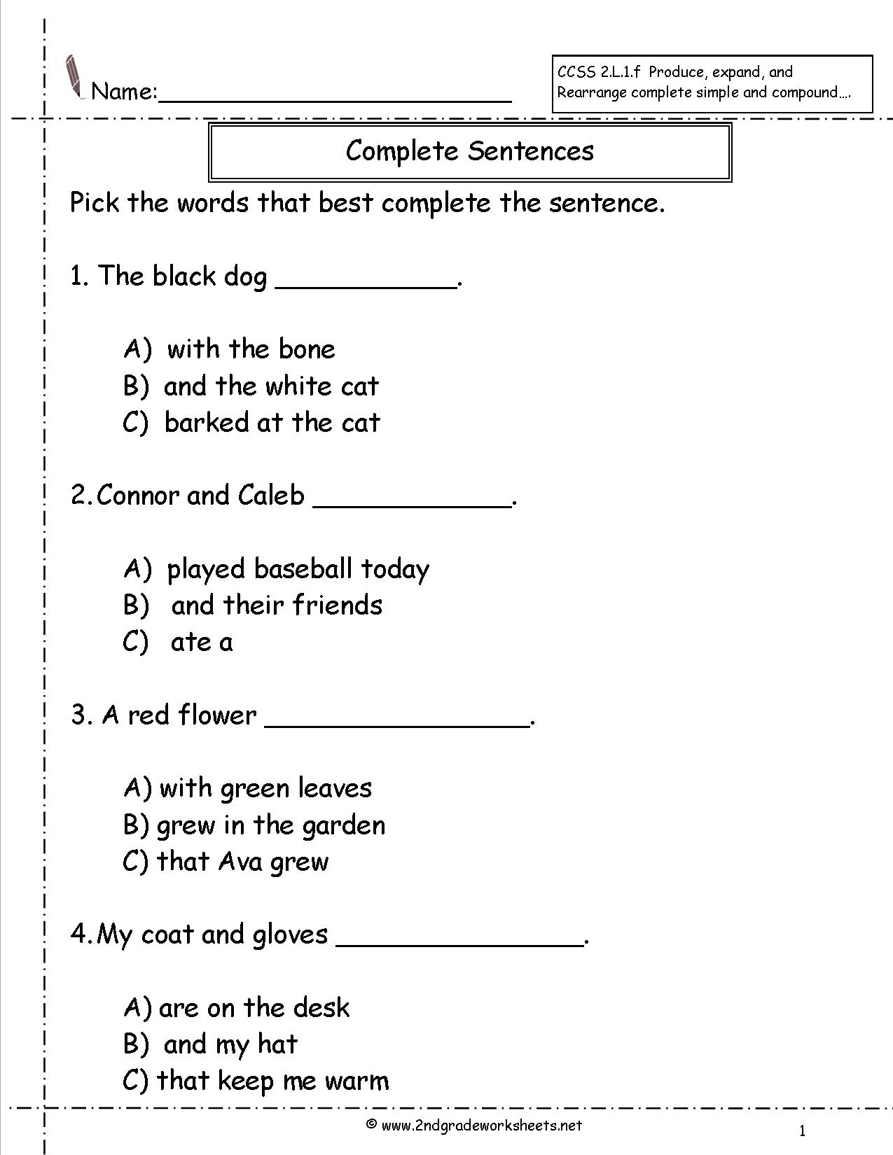 Printables Simple Sentence Worksheet second grade sentences worksheets ccss 2 l 1 f sentence worksheet complete the sentences