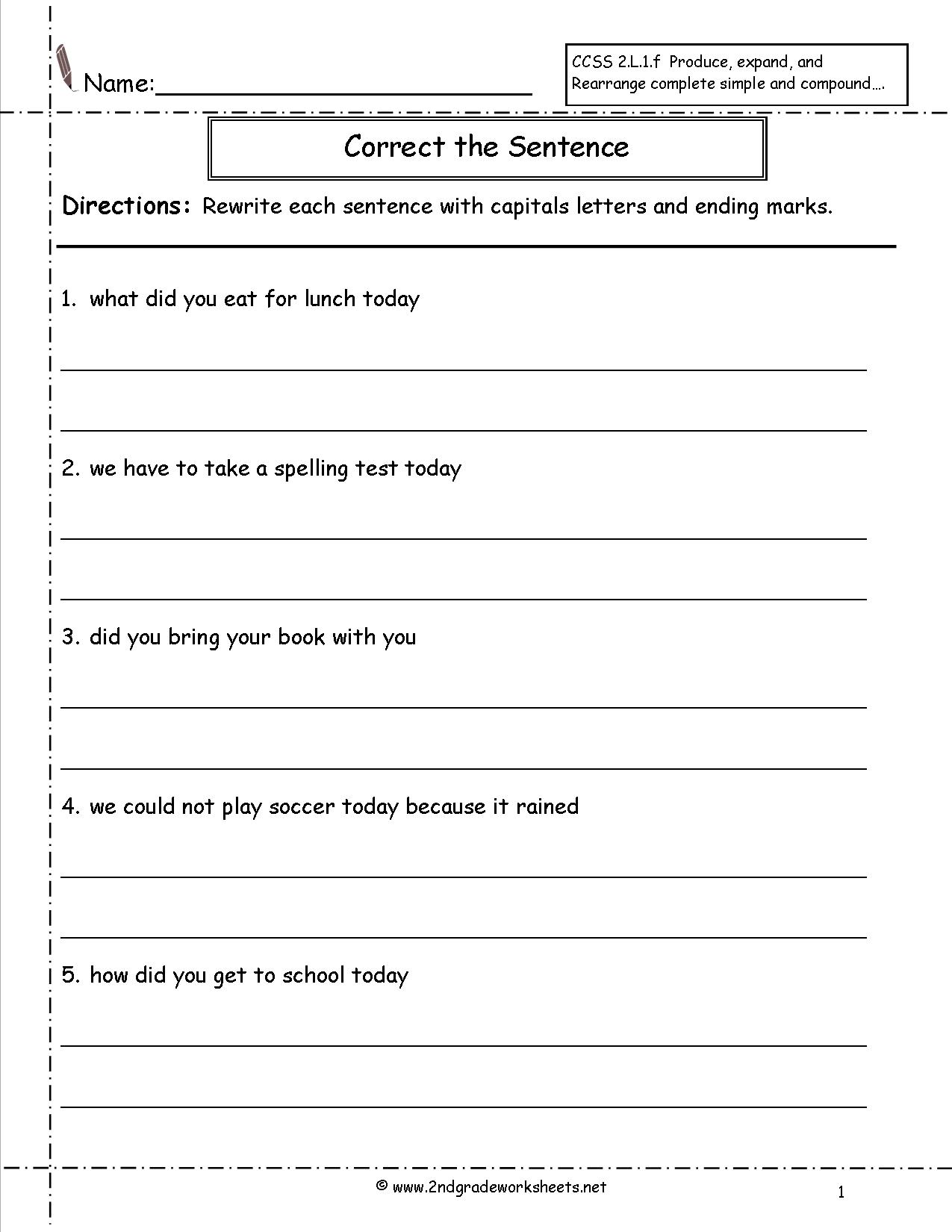 Printables Simple Sentence Worksheet second grade sentences worksheets ccss 2 l 1 f statement or question worksheet sentence