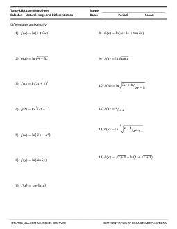 Printables Calculus Worksheet worksheet differentiation of natural logarithms calculus printable worksheet