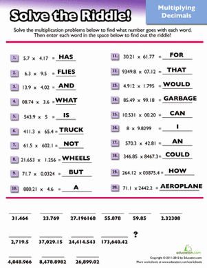 Printables Math Puzzle Worksheets For Middle School multiplying decimals math riddle worksheet education com riddle