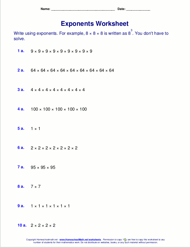 Exponents Math Worksheets With Answers