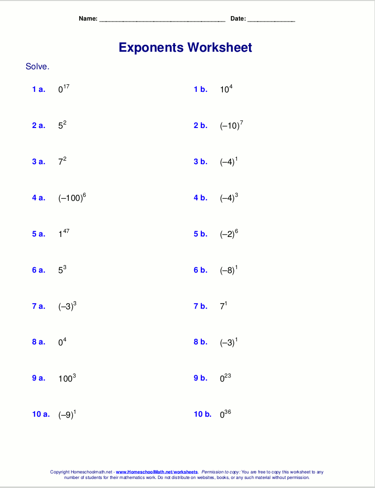 Printables Negative And Zero Exponents Worksheet free exponents worksheets both positive and negative integers as bases