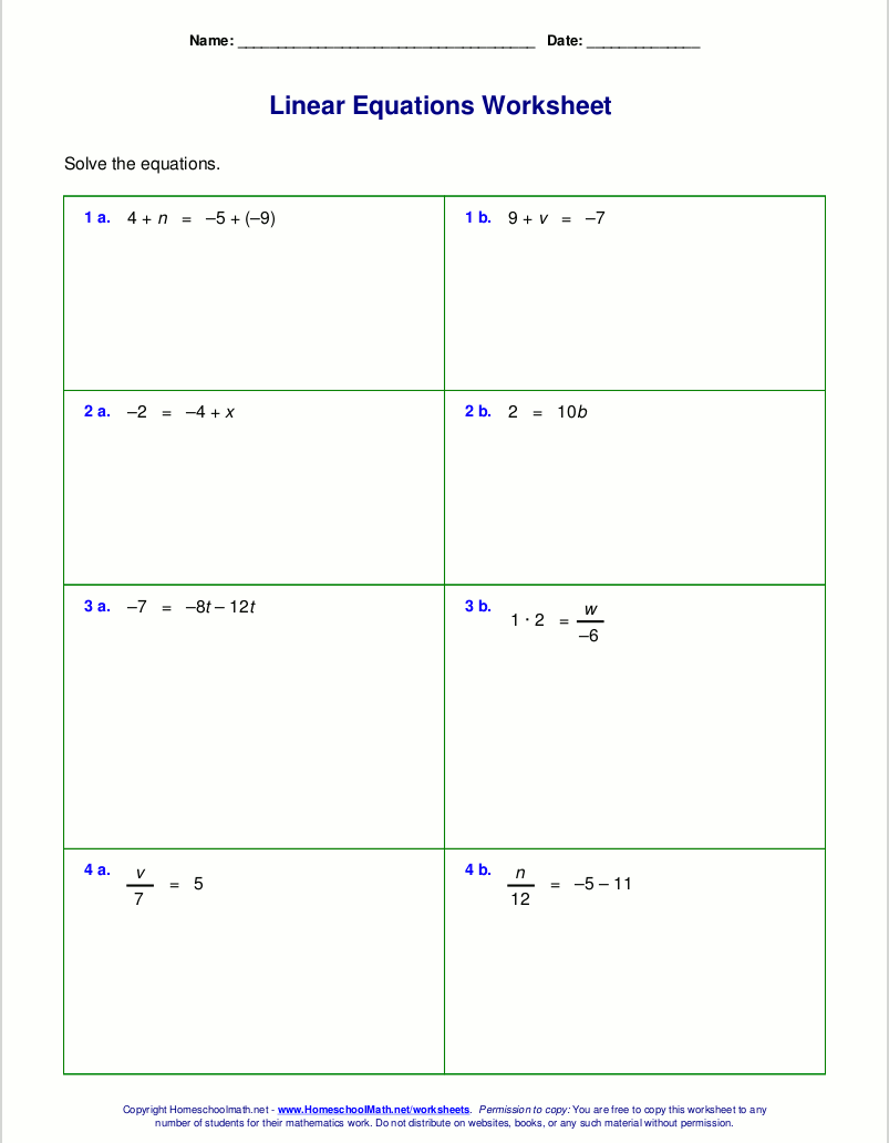 Printables 2 Step Algebra Equations Worksheets free worksheets for linear equations grades 6 9 pre algebra one step equations