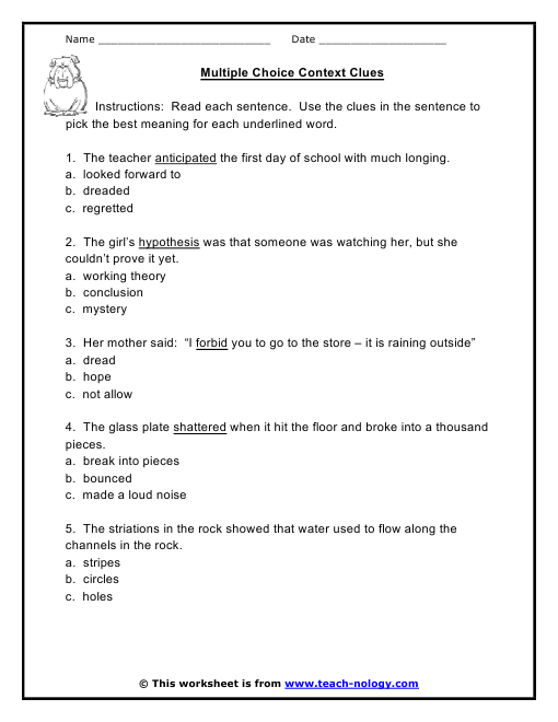 Context Clues Multiple Choice Worksheets Middle School