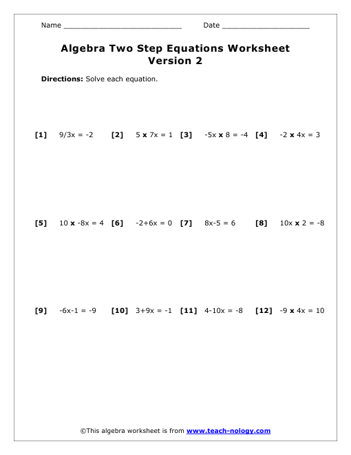 Printables 2 Step Algebra Equations Worksheets step equation worksheet version 2 two 2