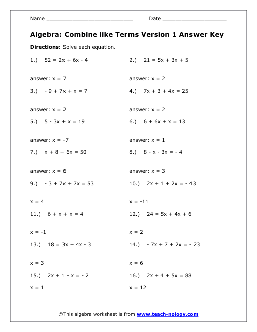 Printables Advanced Algebra Worksheets With Answers like terms worksheet version 1 answer key combine key