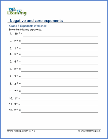 Printables Negative And Zero Exponents Worksheet grade 6 exponents worksheets free printable k5 learning worksheet whole numbers with zero and negative exponents
