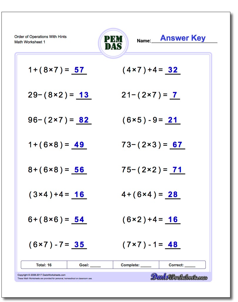 Printables Order Of Operations Worksheets 7th Grade order of operations worksheets comparing operations