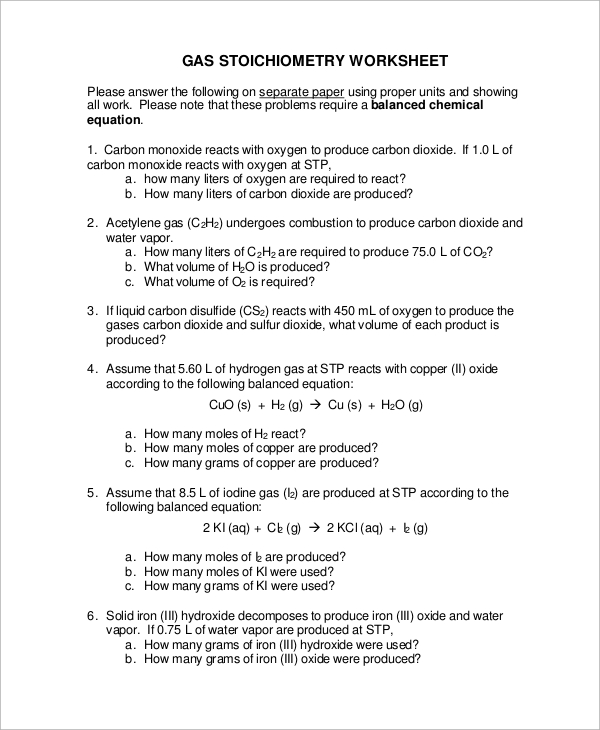 Printables Stoichiometry Worksheets sample stoichiometry worksheet 9 examples in word pdf gas sample