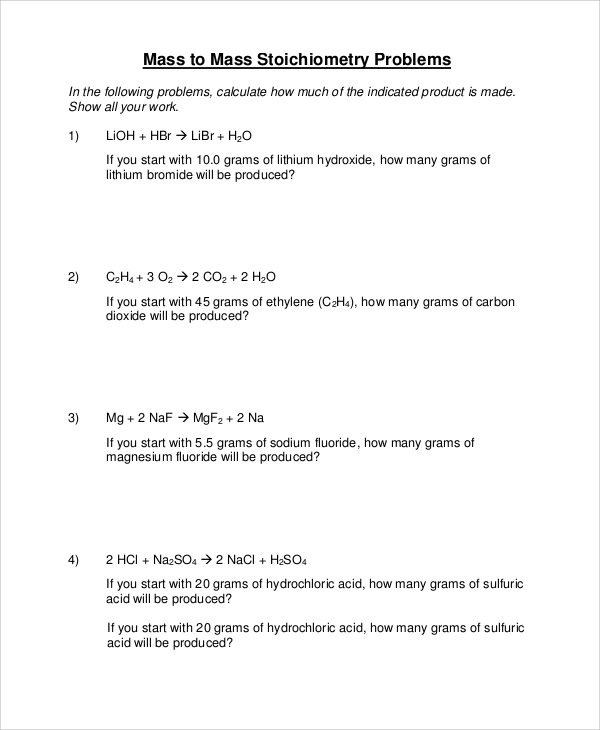 Printables Stoichiometry Worksheets sample stoichiometry worksheet 9 examples in word pdf mass to sample