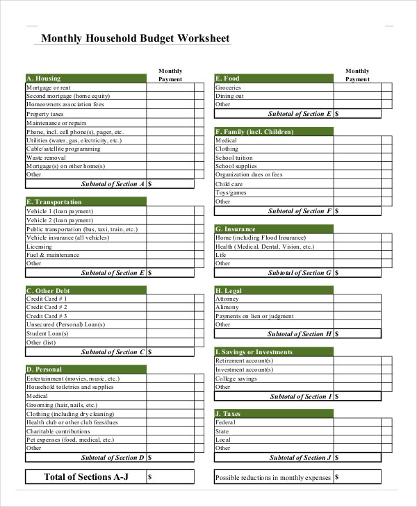 monthly household budget example