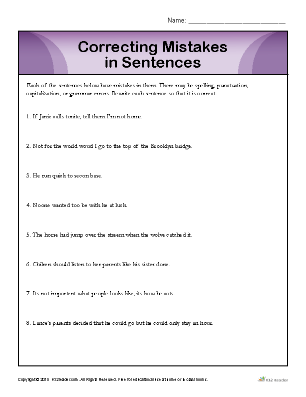 Printables Correcting Grammar Worksheets correcting mistakes in sentences proofing and editing sentences