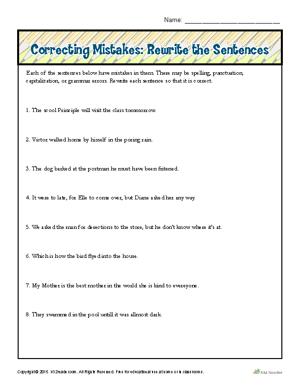 Printables Correcting Grammar Worksheets correcting mistakes rewrite the sentences proofing and editing sentences